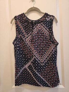 LOFT Navy Printed Sleeveless Ruffle Neck Camisole
